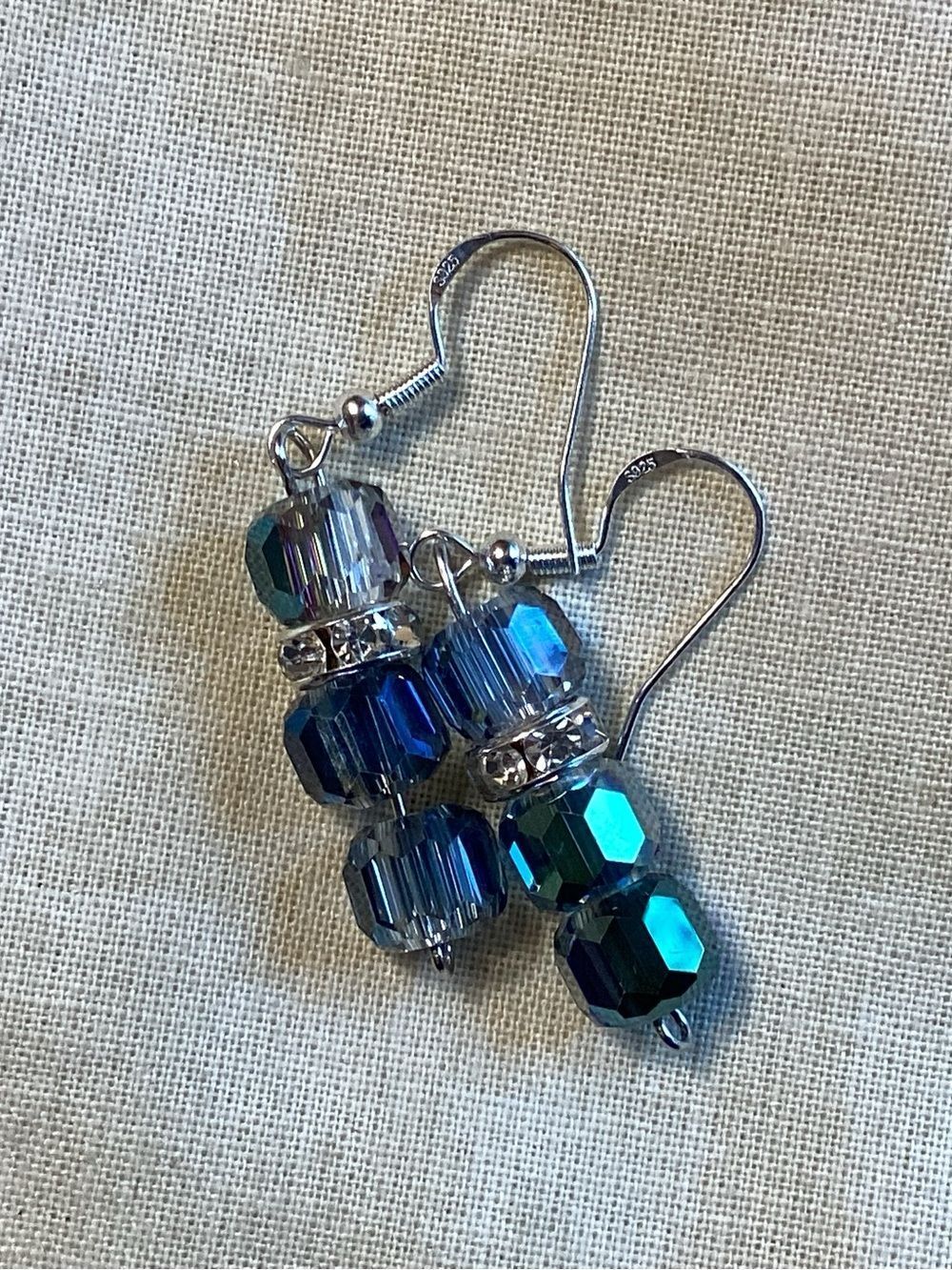 Sterling Silver Earwires Blue AB Crystal Bead Drop Earrings